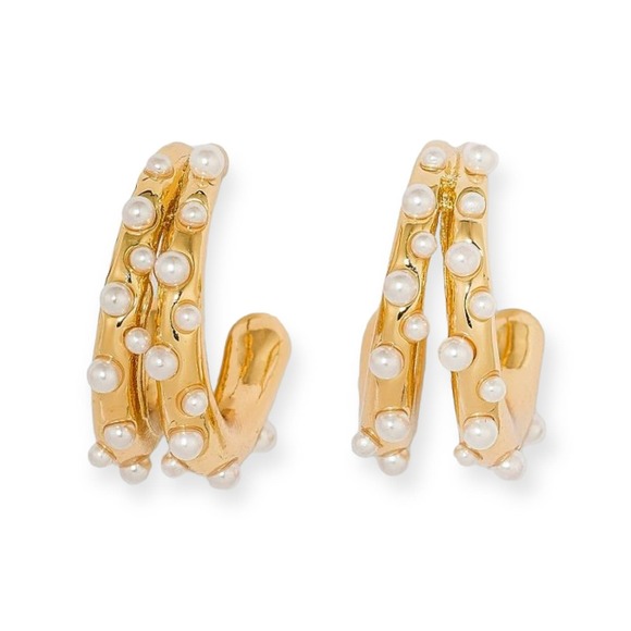 SUGARFIX by BaubleBar Pearl and Gold Double Hoop Earrings - NWT - Picture 1 of 5